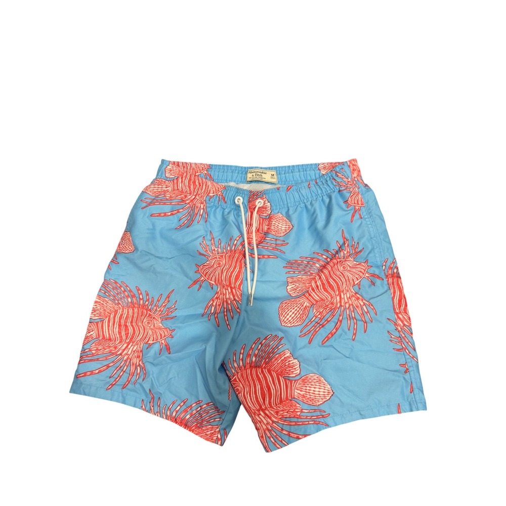 Abercrombie‎ & Fitch Mens Medium Blue Red Lionfish Print Swim Trunks Mesh Lined